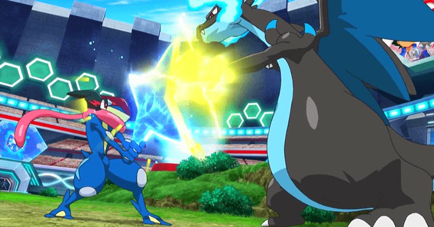 Greninja lutando contra Charizard X na Liga Pokémon de Kalos