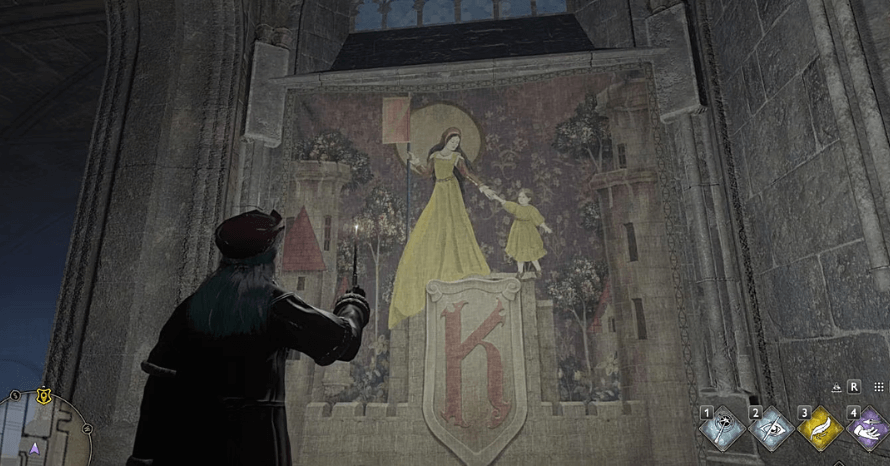 Sala secreta em Hogwarts Legacy escondida por uma tapeçaria