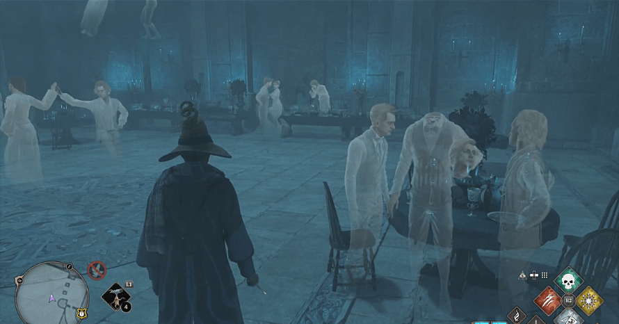 Uma festa do dia da morte acontecendo em Hogwarts Legacy